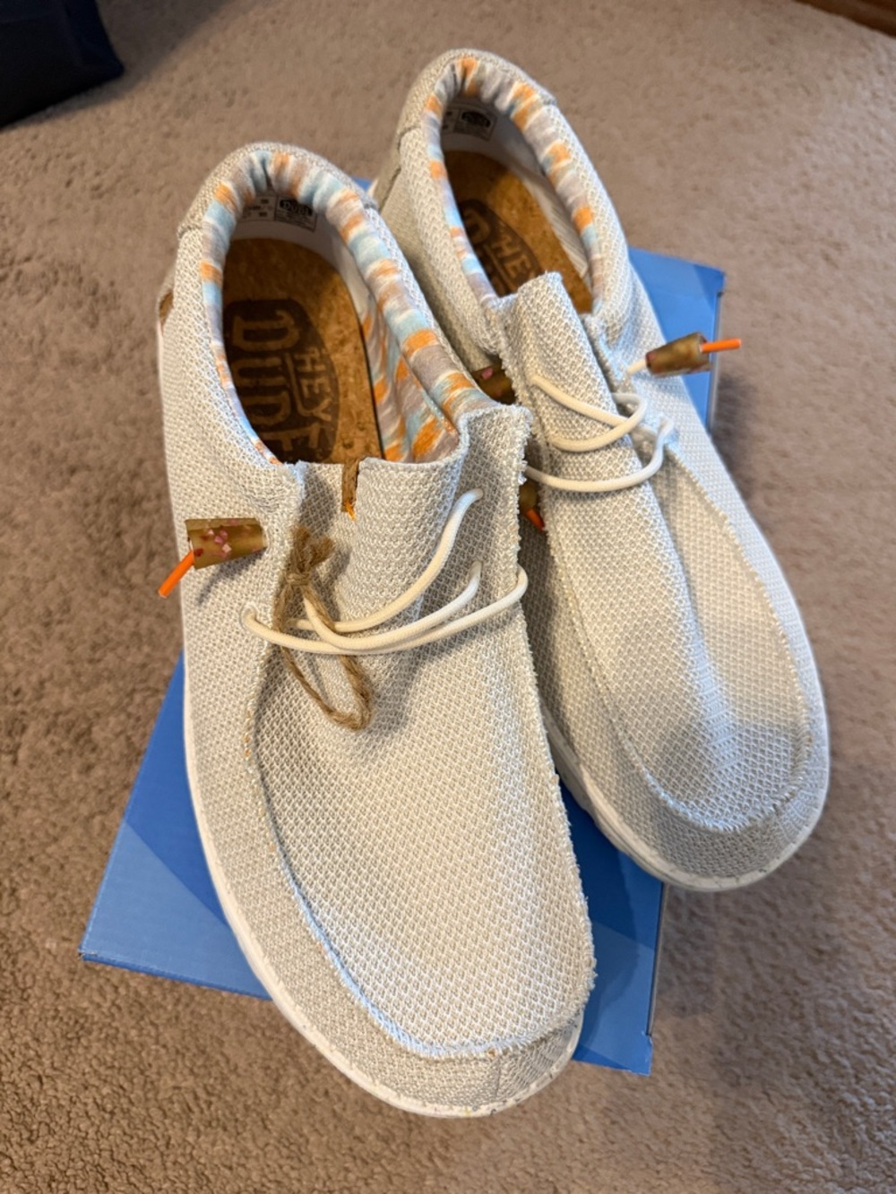Hey Dude Men's Casual Slip-On Loafers in Light Gray with Orange Accents